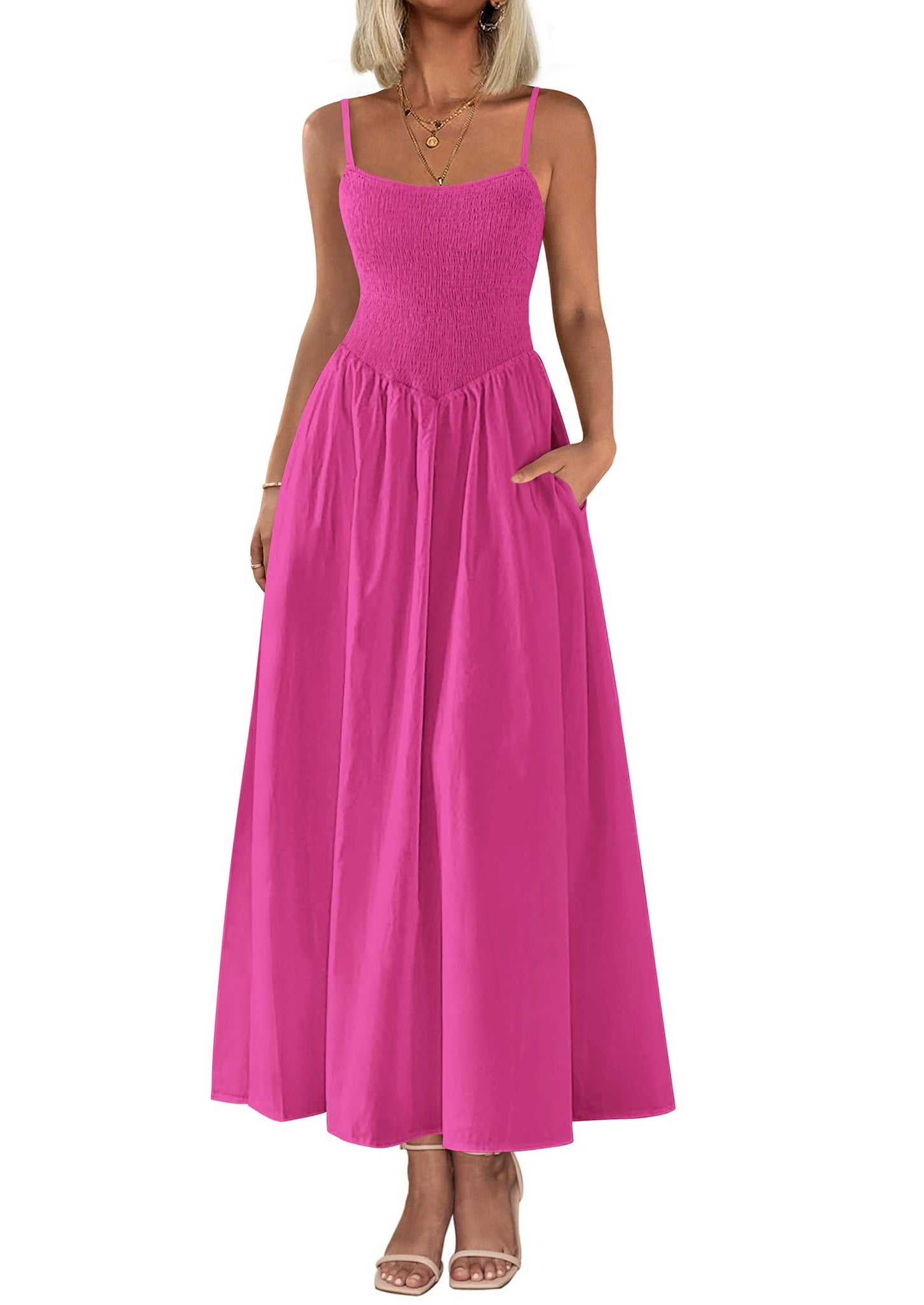 Summer Women's Smocked Maxi Dresses Casual Spaghetti Strap Swing A Line Long Flowy Dress