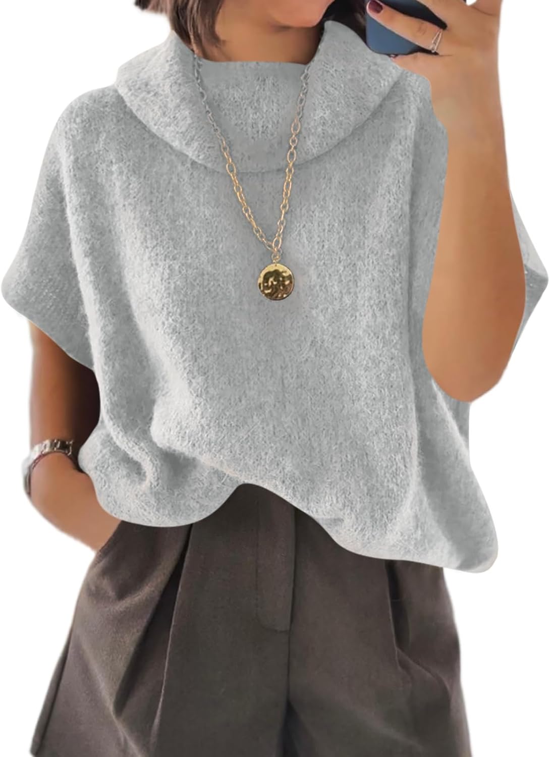 Womens Oversized Short Batwing Sleeve Turtleneck Knit Sweaters