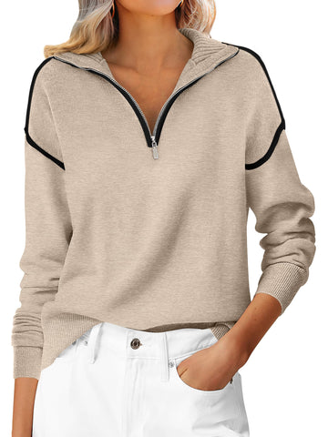 Womens Quarter Zip V Neck Collared Knit Pullover Sweatshirts
