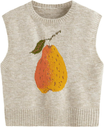Knit Wool-blend Round Neckline Pear Graphic Vest