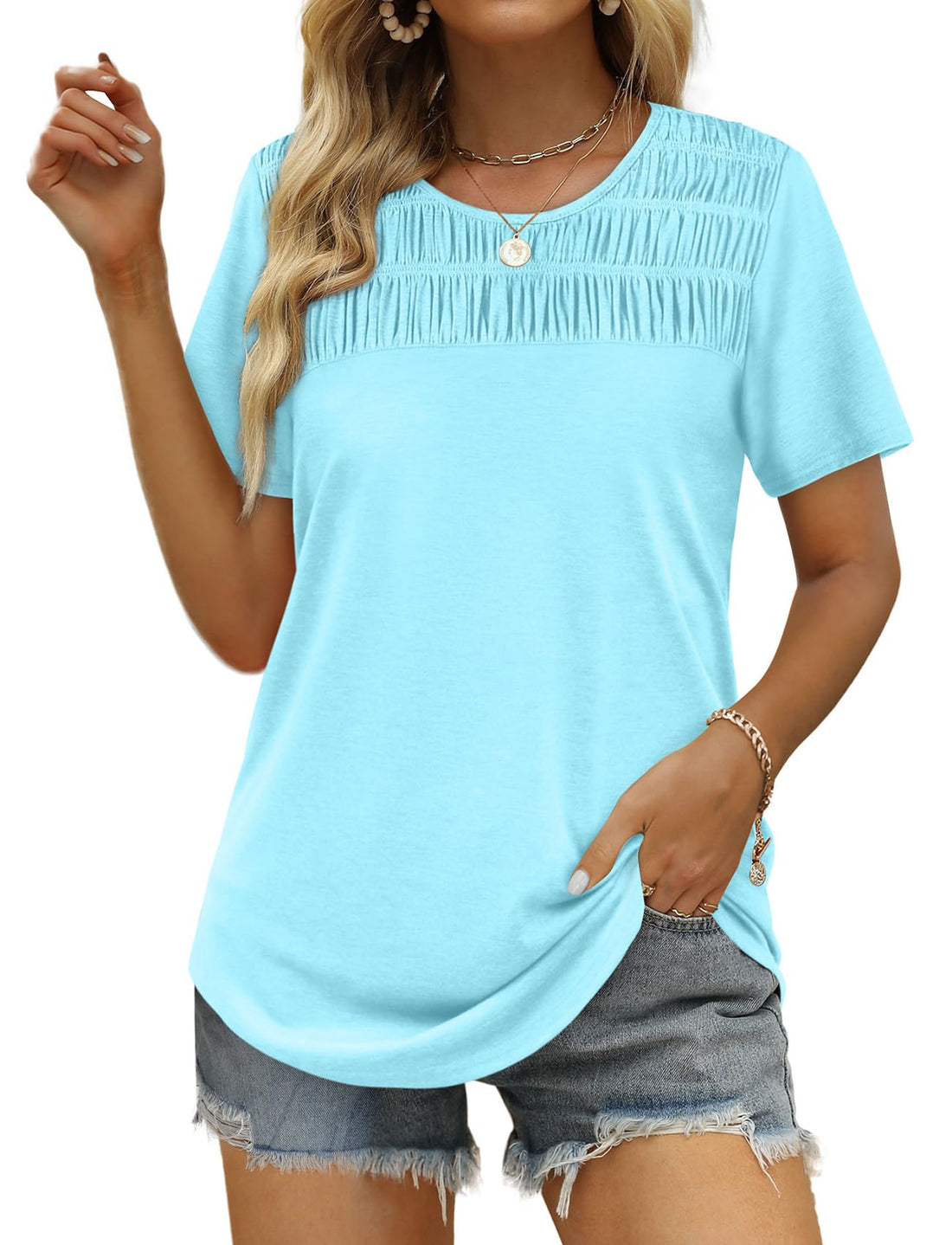 Women's Summer Tops Trendy Short Sleeve Shirts Smocked Crewneck Tee