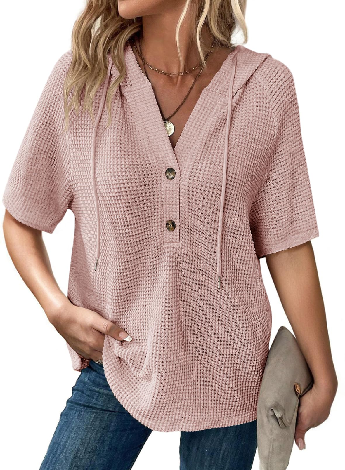 Women's Waffle Knit Button V Neck Short Sleeve Hoodie