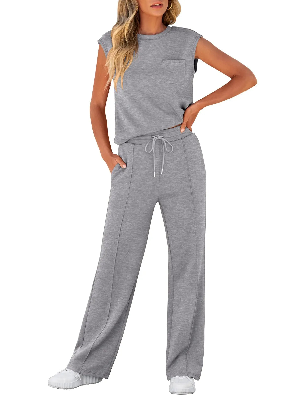 Women's Sleeveless Top Drawstring Wide Leg Pants Lounge Set