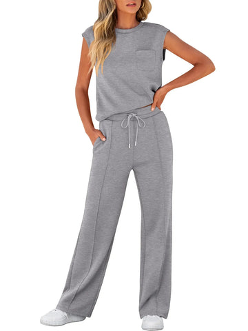 Women's Sleeveless Top Drawstring Wide Leg Pants Lounge Set