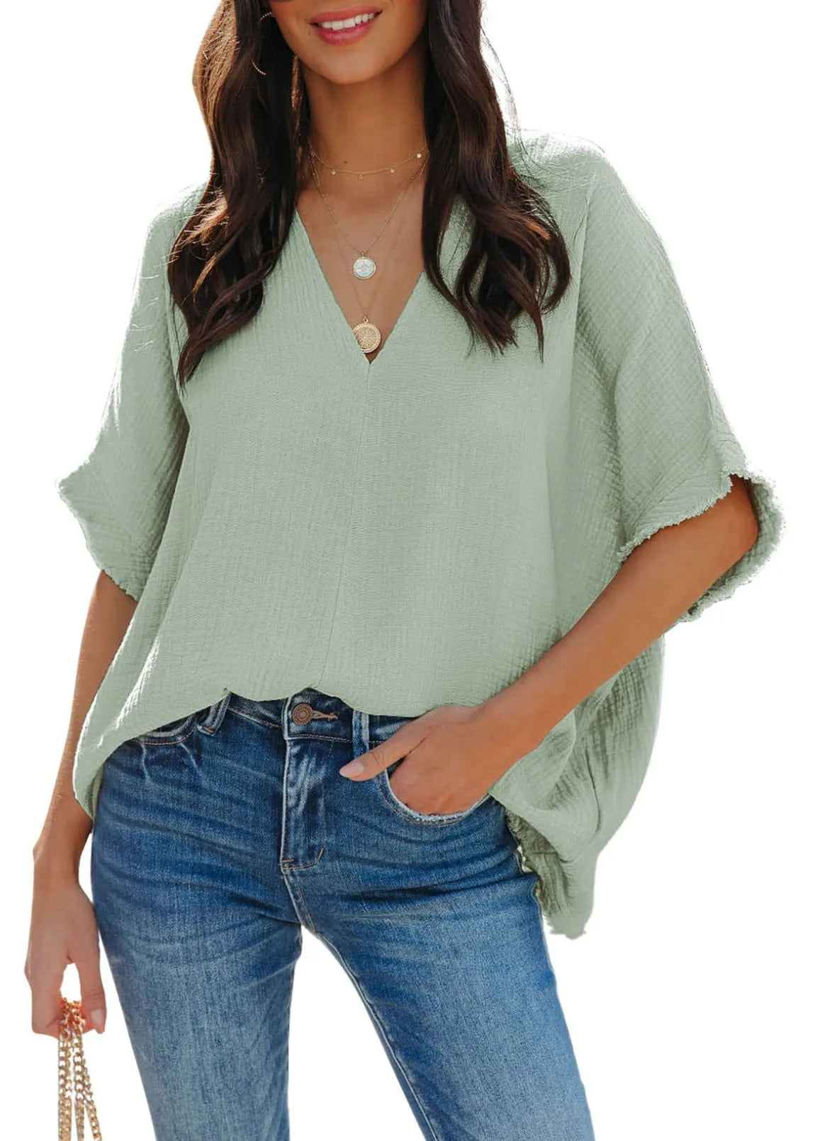 Womens Casual V Neck Textured Frayed Edges Batwing Short Sleeve Tops