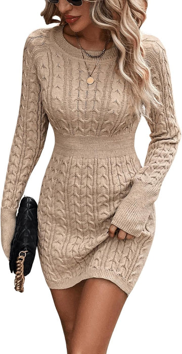 Women's Cable Knit Sweater Dress Long Sleeve Crewneck Mini Pencil Dress
