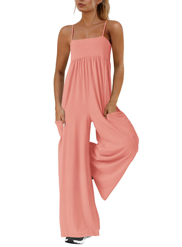 Women's Loose Fit Spaghetti Strap Wide Leg Jumpsuit with Pockets
