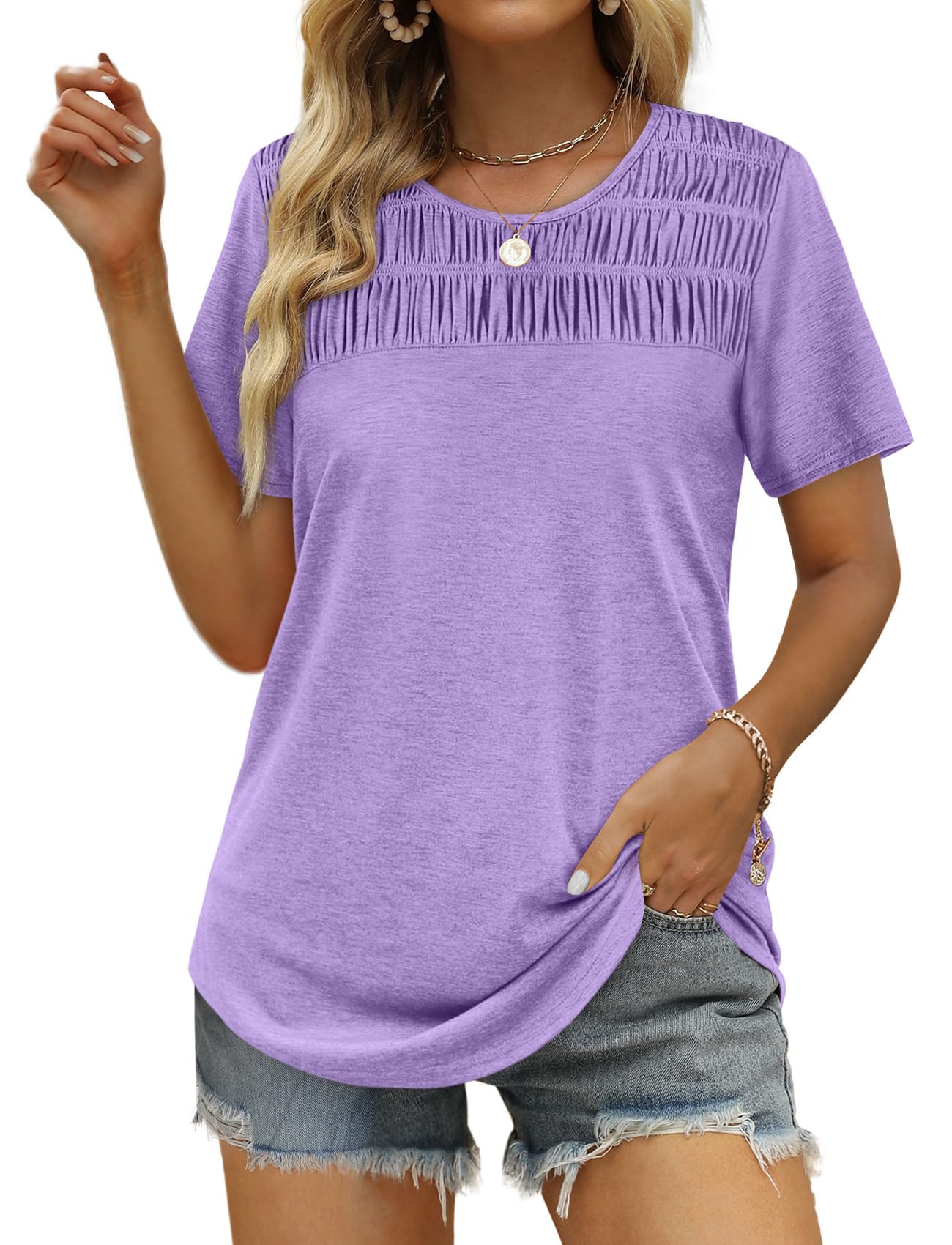 Women's Summer Tops Trendy Short Sleeve Shirts Smocked Crewneck Tee