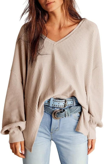 Women's Waffle Knit Tops Long Lantern Sleeve V Neck Oversized T Shirts