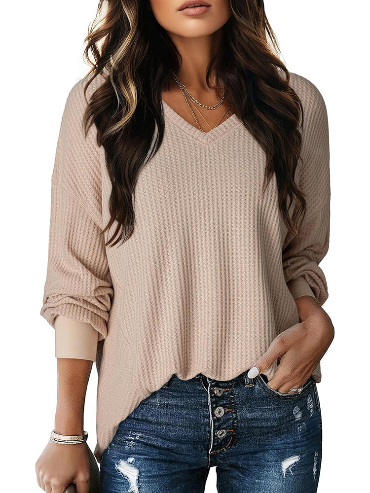Womens Long Lantern Sleeve Waffle Knit Tops