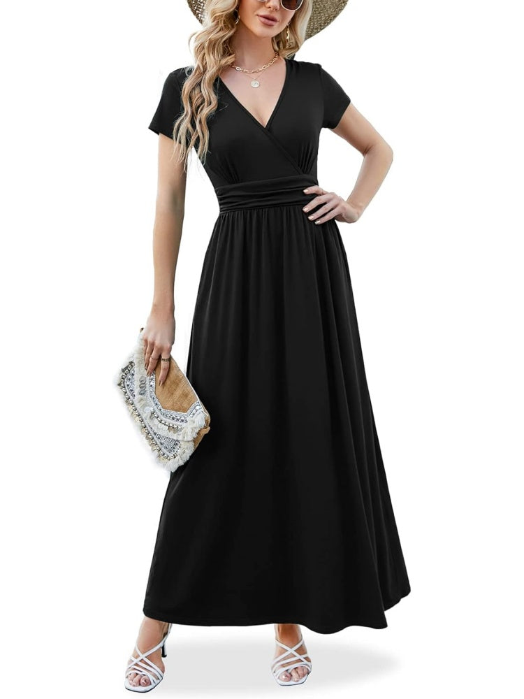 Women V Neck Empire Pleated Waist Elegant Long Dresses with Pockets