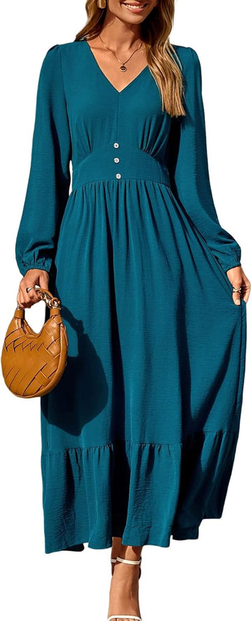 Womens Long Sleeve V Neck Elegant Casual Flowy Tiered Maxi Dresses