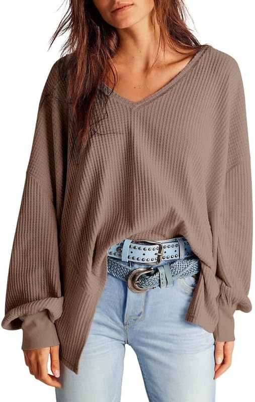 Women's Waffle Knit Tops  Long Lantern Sleeve Casual Blouses