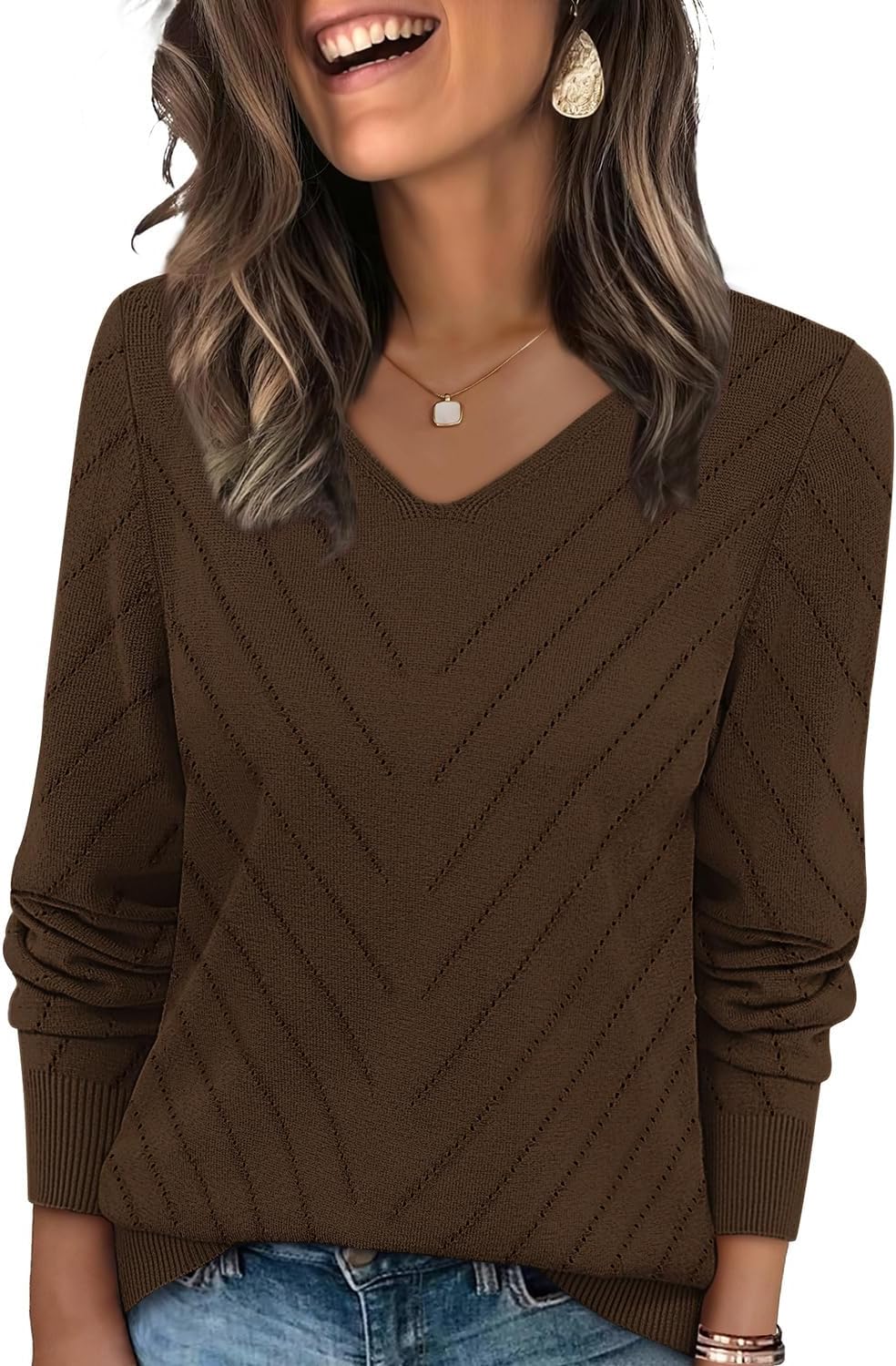 Women V Neck Casual Knit Long Sleeve Tops Lightweight Pullover Sweaters