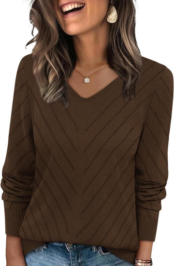 Women V Neck Casual Knit Long Sleeve Tops Lightweight Pullover Sweaters