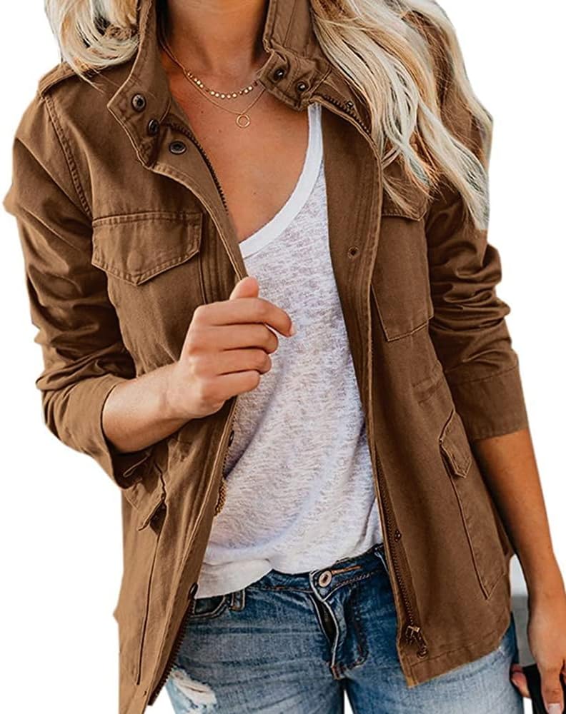 Women Military Anorak Jackets Zip Up Snap Buttons Parka Safari Utility Coats