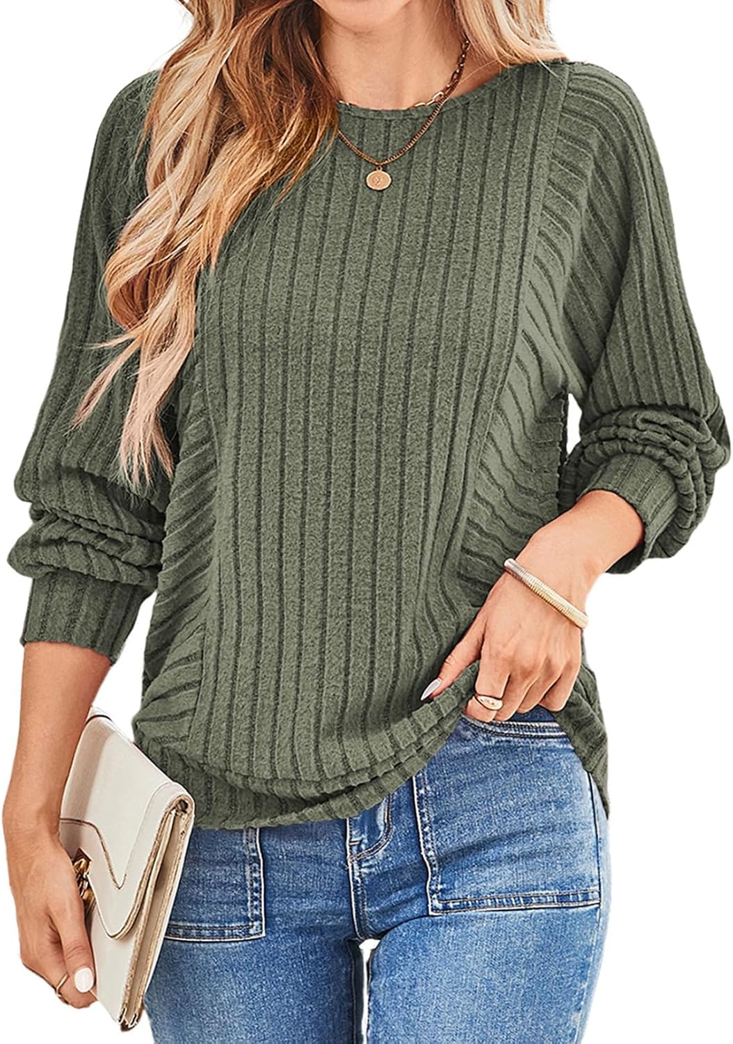 Womens Soft Long Sleeve Crewneck Shirts Fall Casual Loose Fit Knit Tops