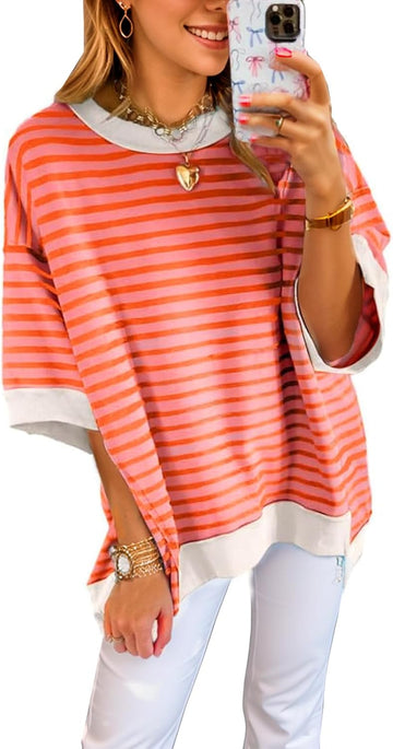 Women's Oversized Striped Color Block Half Sleeve Tops
