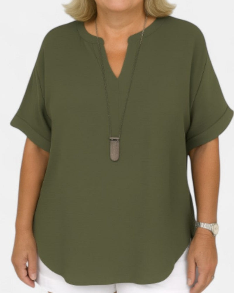 Women's Summer V-neck Curved Hem Short Sleeve Shirt