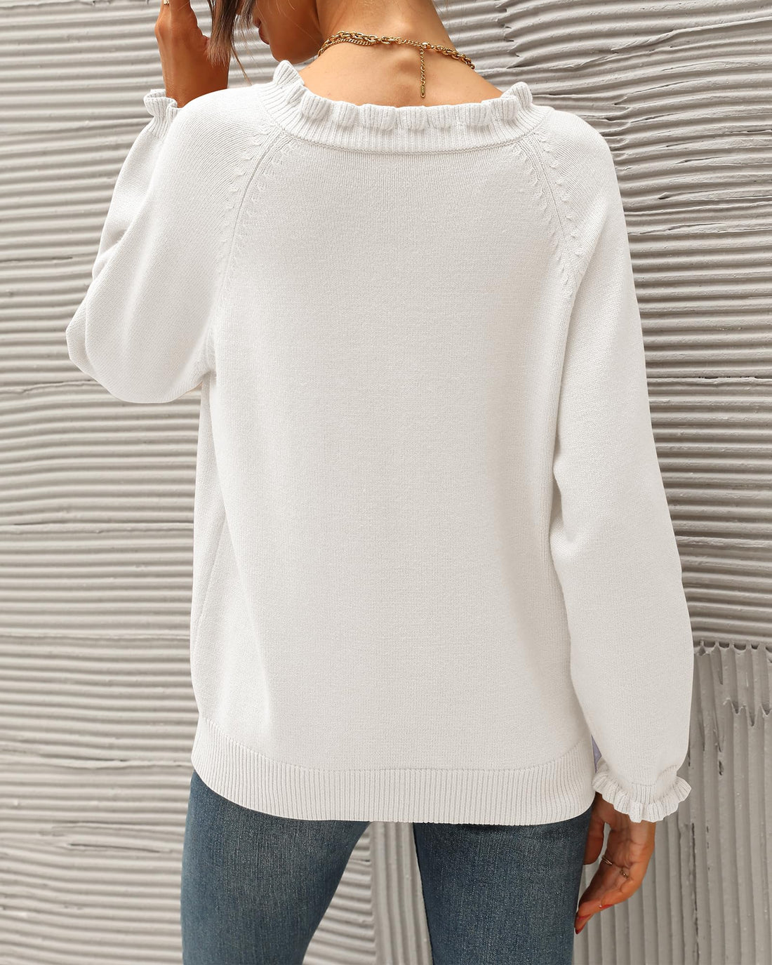 Women's Casual Knitted Button Ruffle Pullover Sweater