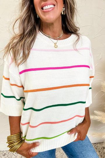 Women's Knitted Half Sleeved Striped Shoulder Sweater