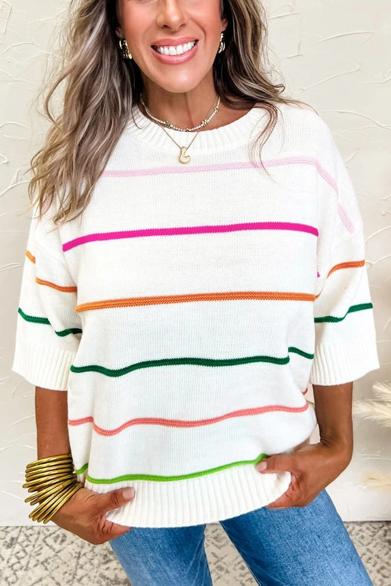 Women's Knitted Half Sleeved Striped Shoulder Sweater