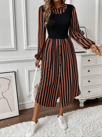 Women's Long Sleeve Striped Button Front Shirt Dress