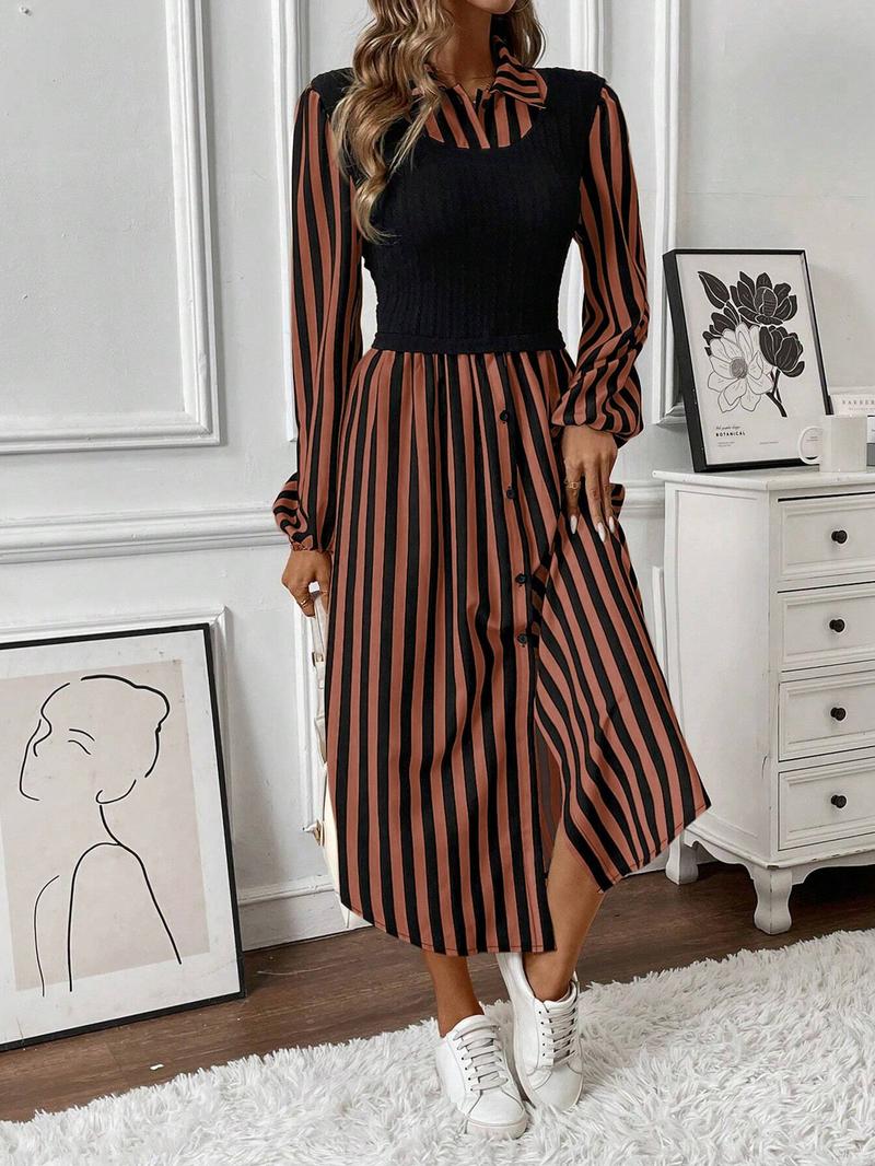 Women's Long Sleeve Striped Button Front Shirt Dress