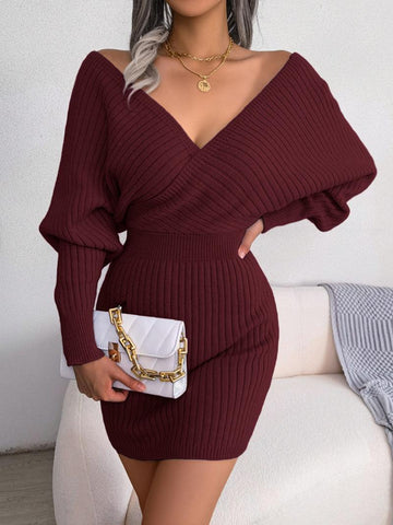 Women's Plain Wrapped V Neck Leg-of-mutton Sleeve Sweater Dress