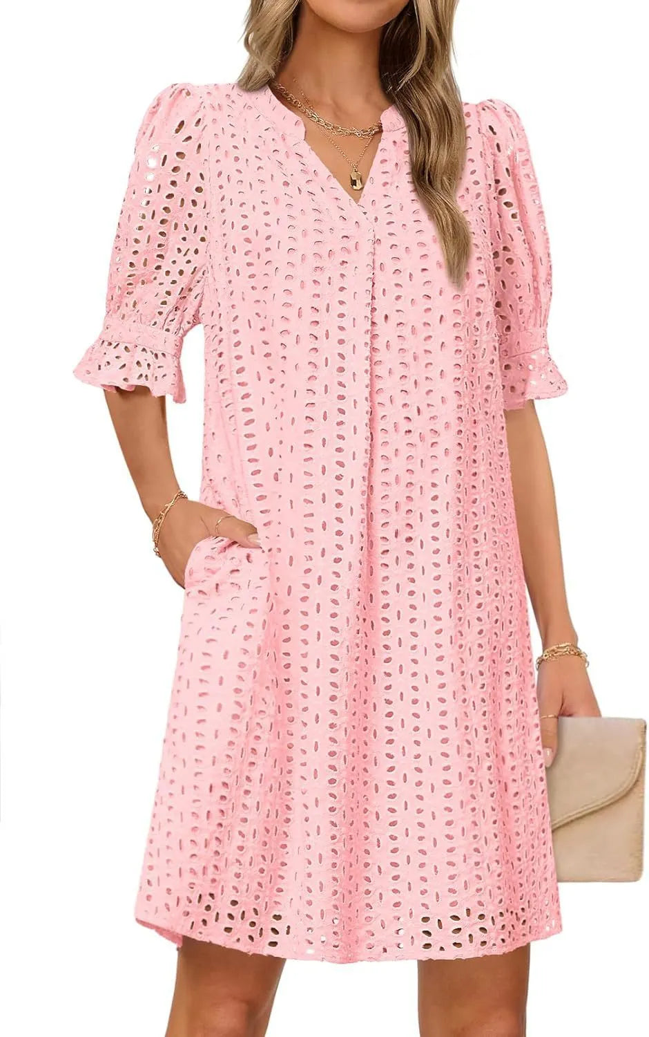 Women's V Neck Ruffle Hollow Out Eyelet Lace Dresses