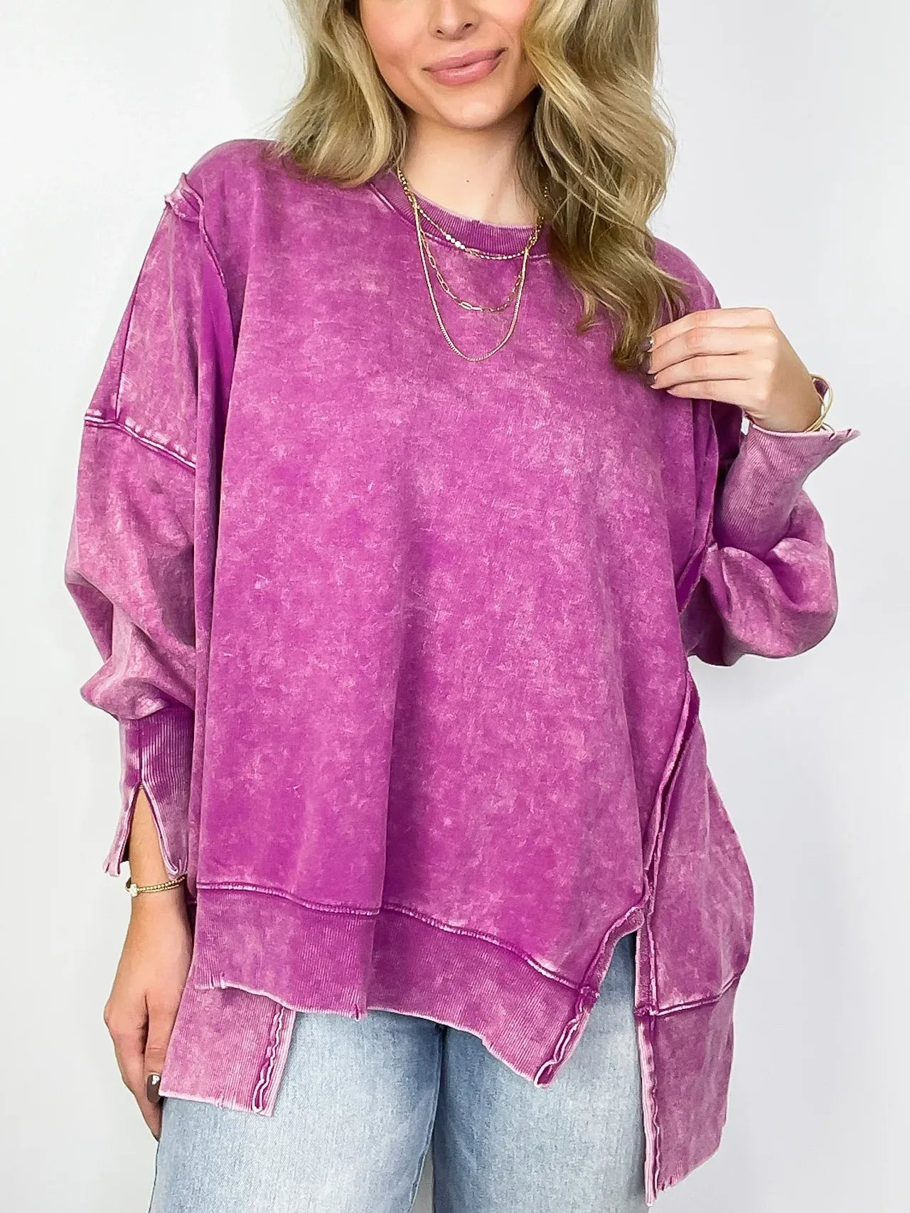 Women's Acid Wash Split Cuff Oversized Crew Pullover