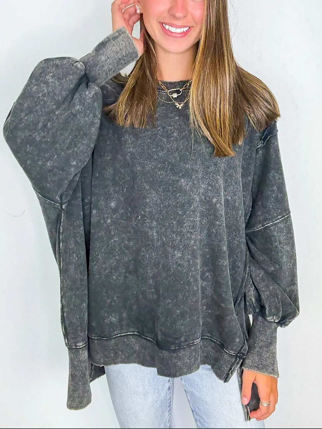 Women's Acid Wash Split Cuff Oversized Crew Pullover