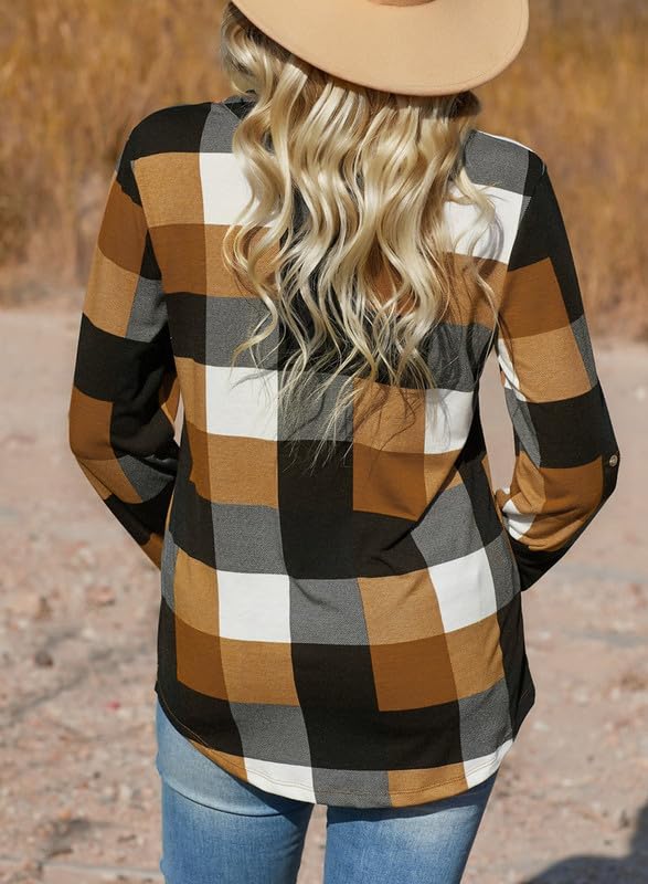 Women's V Neck Plaid Print Cuffed Long Sleeve Shirt