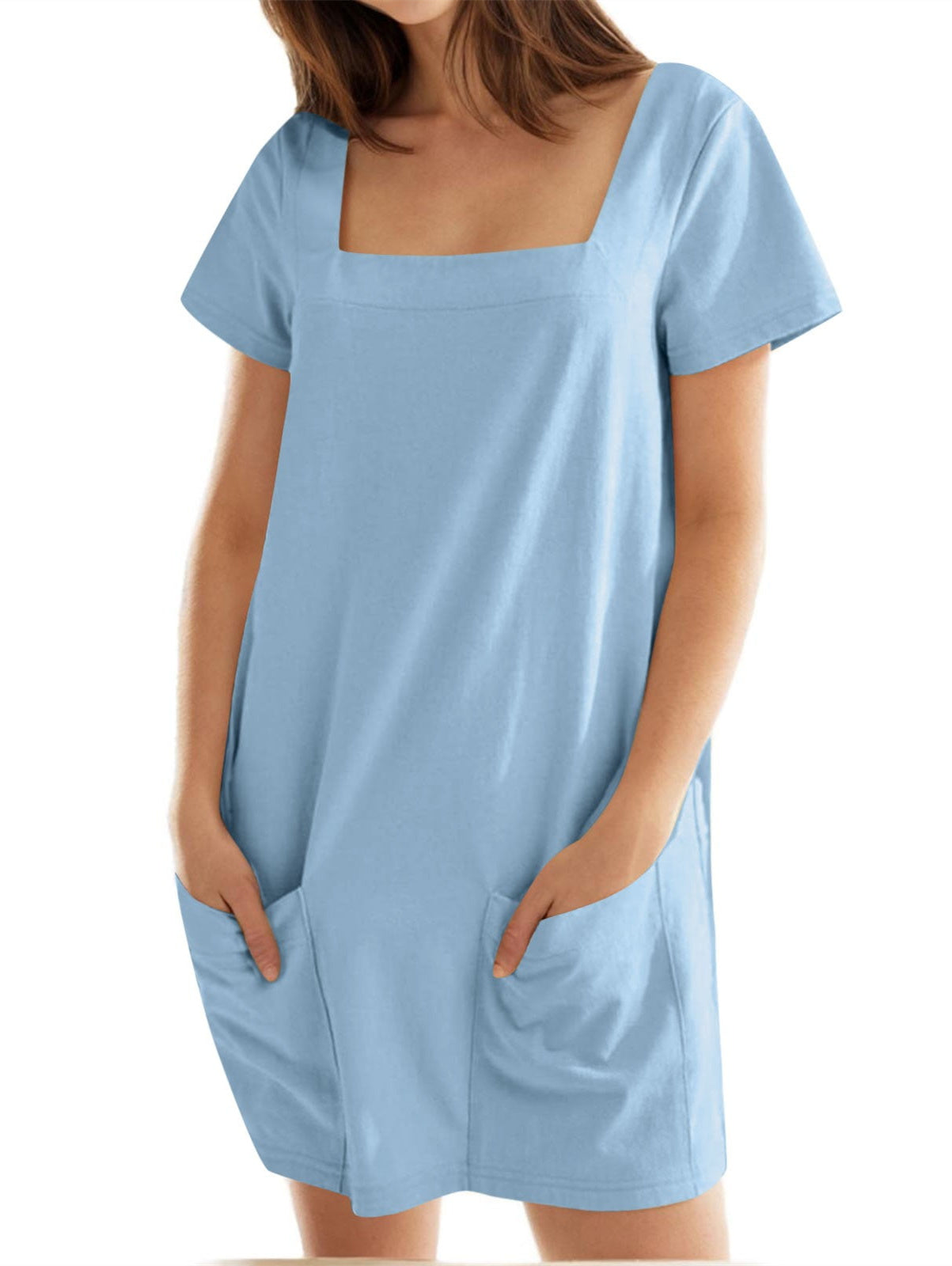 Women's Solid Square Neck Short Sleeve Mini Dress