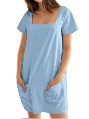 Women's Solid Square Neck Short Sleeve Mini Dress