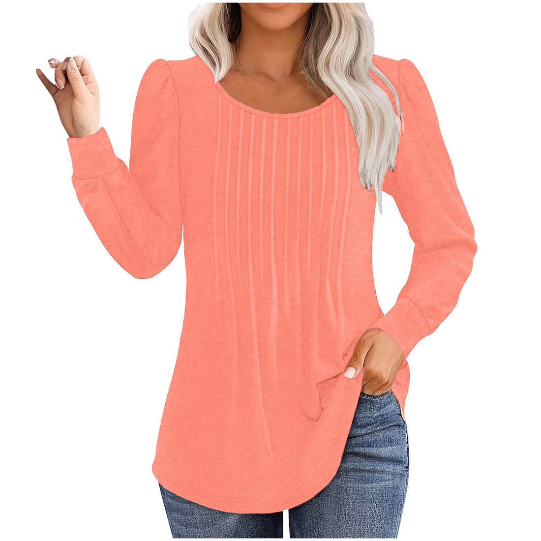 Womens Dressy Long Sleeve Pleated Tops Casual Chic Crew Neck Blouses