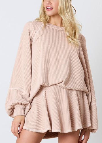 Women's Ribbed Balloon Sleeve Top High Waist Ruffled Mini Skort Set