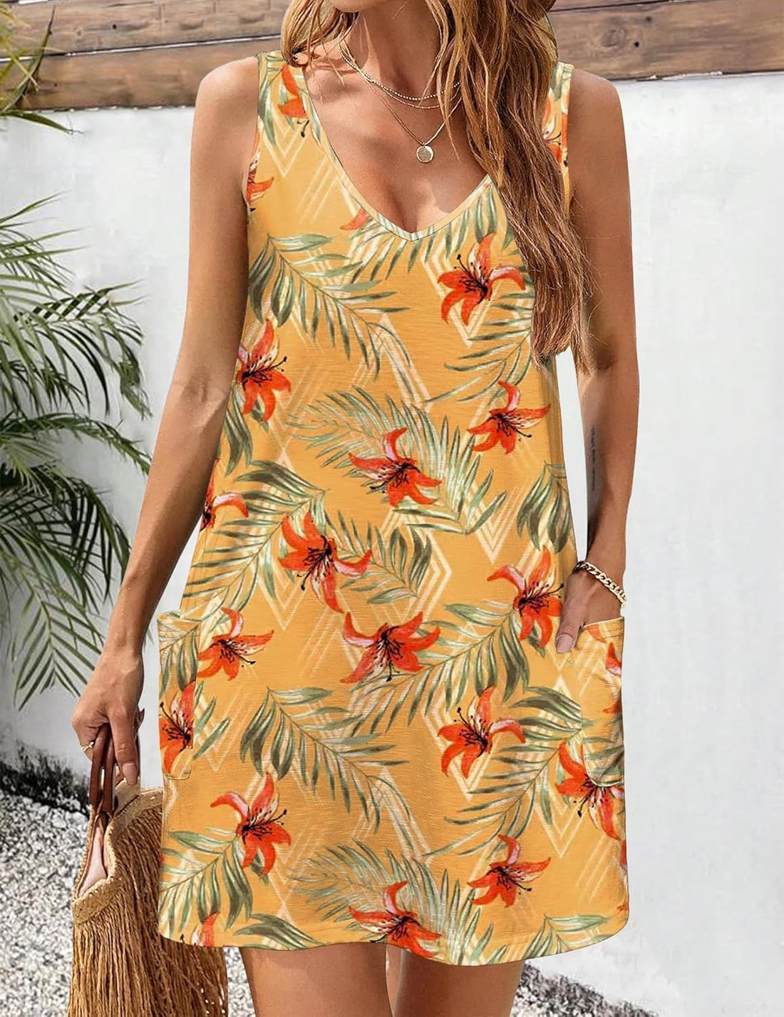 Women's Casual Floral V Neck Loose Tank Dress with Pockets