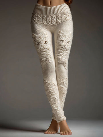 Cute Fuzzy Cat Embroidered Cozy Knit Leggings