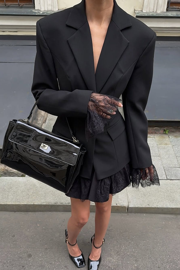 Solid Color Lace Panel Long Sleeve Button Elegant Blazer