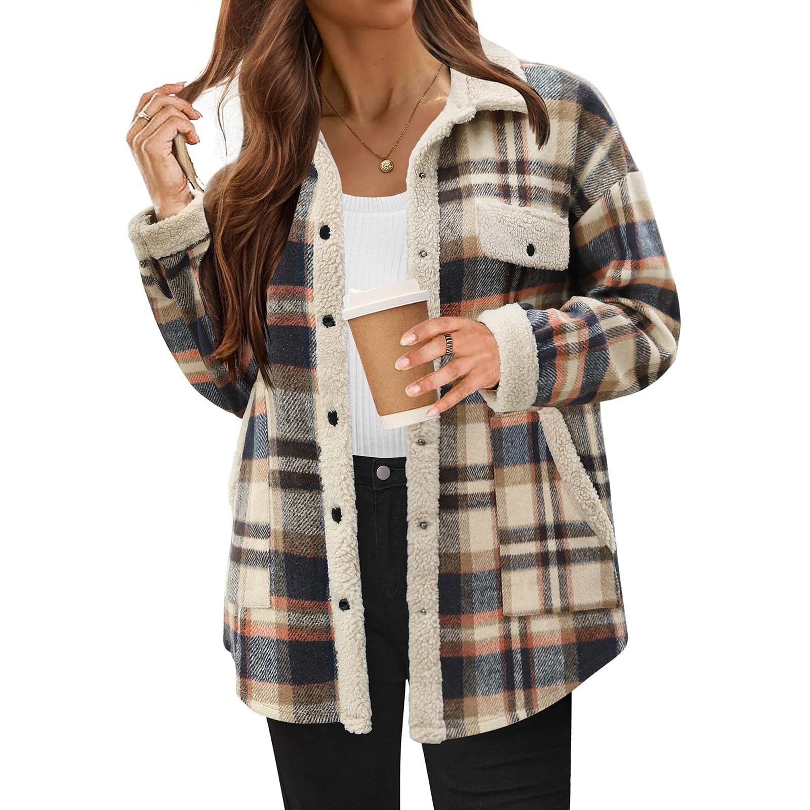 Women's Fleece Flannel Button Down Plaid Shacket Jacket