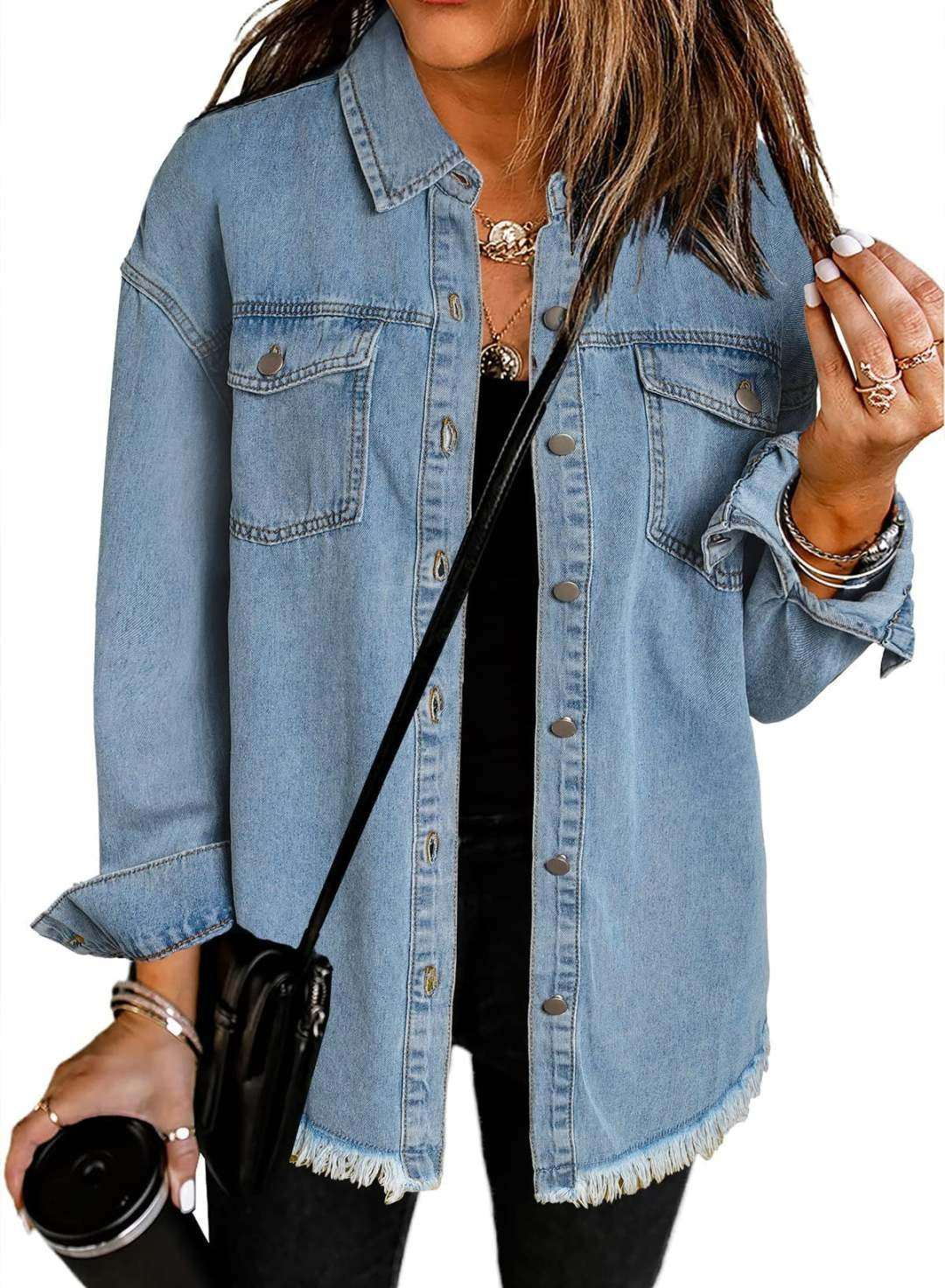 Women's Casual Denim Button Down Distressed Jacket
