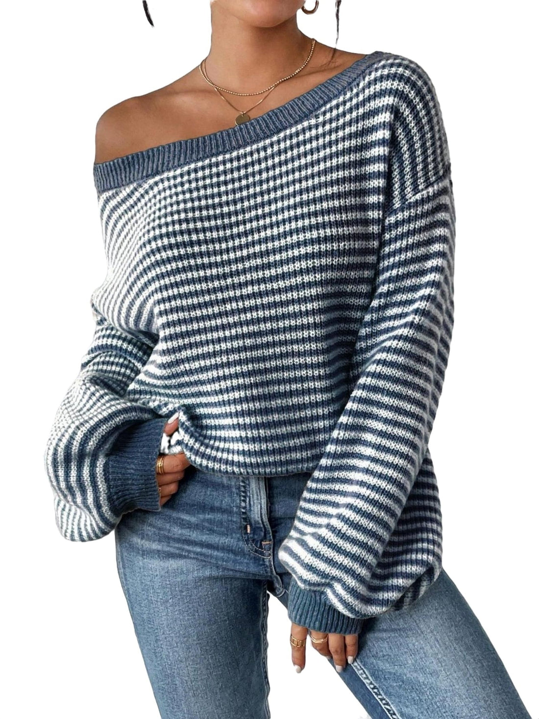 Striped Round Neck Dropped Shoulder Sweater