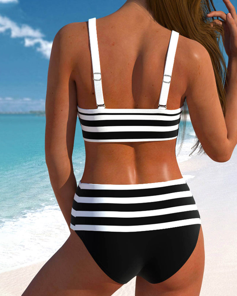 Women's Striped Bikini Set with High Waist and Adjustable Straps