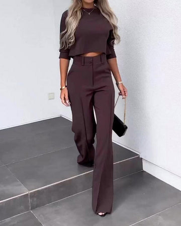 Solid Color Jacket and High Waist Straight Pants Set