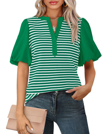 Women's Puff Sleeve V Neck Casual Button Up Shirts