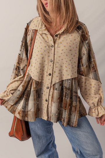 Boho Floral Plaid Patchwork Ruffled Sleeve Waffle Shacket