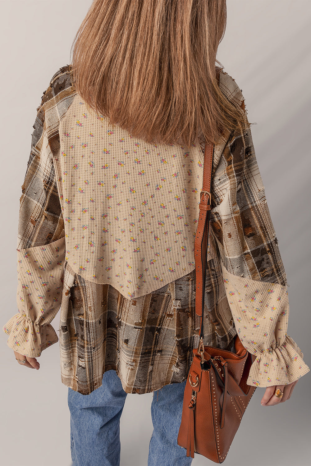 Boho Floral Plaid Patchwork Ruffled Sleeve Waffle Shacket