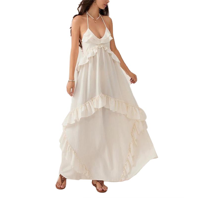Women Sleeveless Halter Dress Backless Ruffled Summer Swing Dress