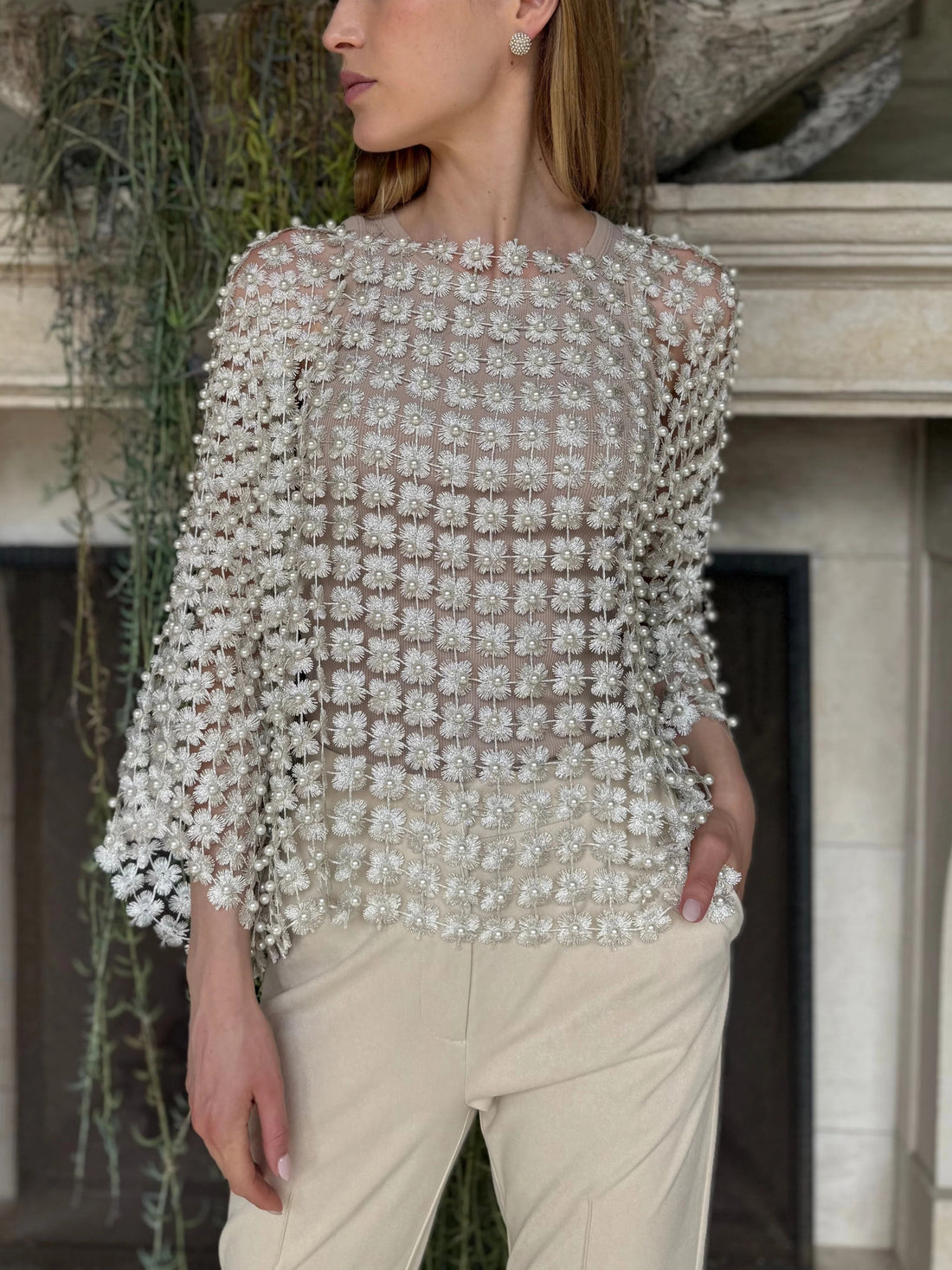 Women's Beaded Floral Cutout Long Sleeve Top Coverup